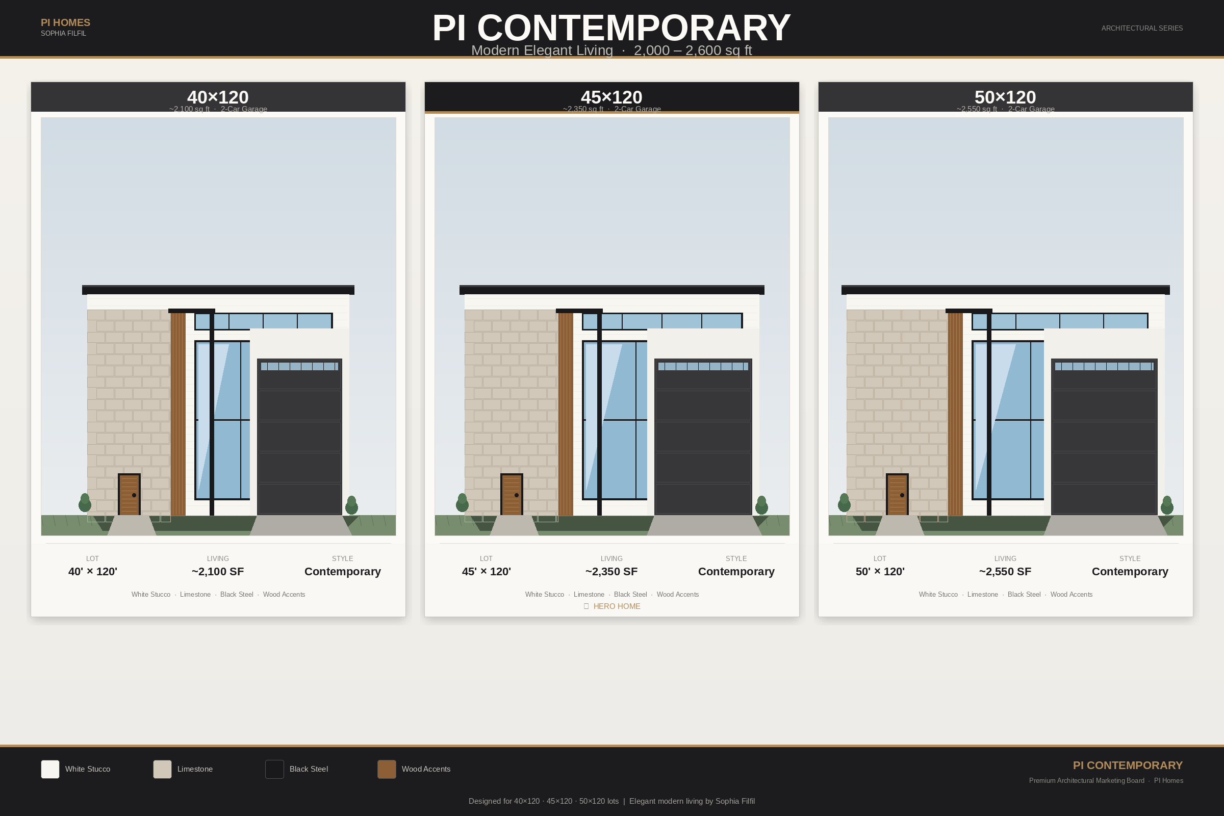 PI Contemporary premium board: 40, 45, and 50 foot lots side by side